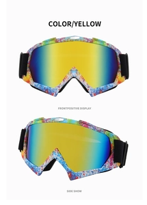 Front and side views of graffiti pattern ski goggles with yellow mirror lenses