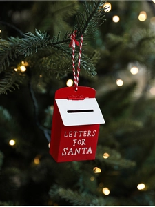 Detail of red Santa mailbox ornament with Letters for Santa text on festive tree