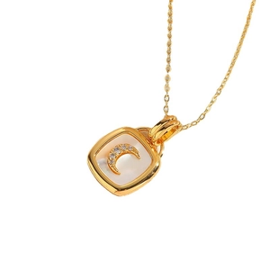 Gold-plated 14K necklace featuring a square shell pendant with a diamond crescent moon