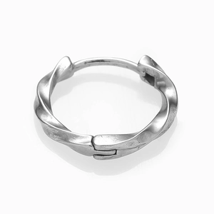 Detail view of silver 316L stainless steel hoop earring with twisted spiral texture