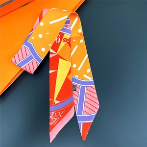Colorful geometric pattern silk twilly scarf for handbag handle or hair ribbon accessory