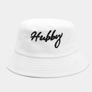 Close-up of Hubby embroidery on white cotton bucket hat with detailed brim stitching