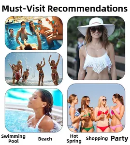 Collage of women's bikinis showing use in swimming pools, beaches, and parties