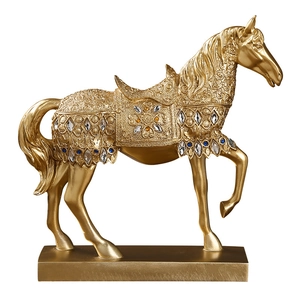 Golden resin horse statue with blue rhinestones for desktop prosperity decoration