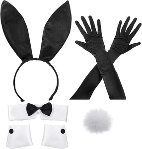 Flat lay of bunny cosplay set with black ears, long gloves, bow tie collar and plush tail