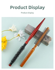 Détail de brosses à cheveux rondes avec manche en bois et poils résistant à la chaleur