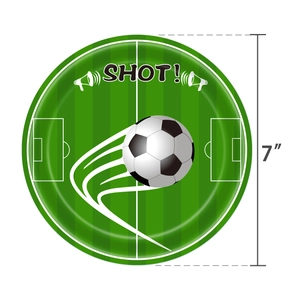 7-inch football field theme paper plate for sports birthday parties with 'SHOT!' design