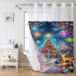 Close-up of waterproof Christmas shower curtain with reinforced metal grommets and tree print