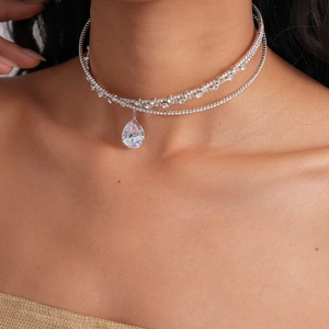 Double-layered silver choker with crystal zircon rhinestones and a pear-cut drop pendant
