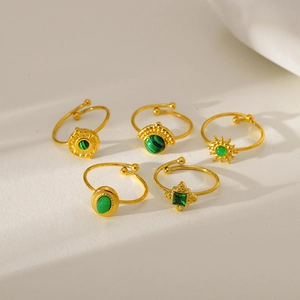 Green Natural Stone Ring Gold Plated 304 Stainless Steel Adjustable Open Band Geometric Vintage Fashion Jewelry For Women