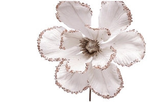 Close-up of 25cm artificial Christmas flower with white petals and rose gold glitter edges