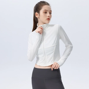 Women Slim Fit Yoga Jacket Long Sleeve Cropped Stand Collar Sports Top With Zipper Thumbholes Breathable Ribbed Fitness Activewear