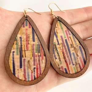 Rainbow vintage teardrop earrings with textured wood grain and colorful stripes