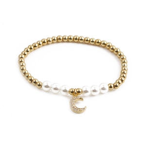 Bracciale a sfere dorate con perle bianche e ciondolo a forma di mezzaluna in zircone