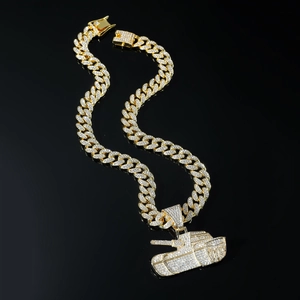 Men's hip hop gold Cuban chain necklace with a iced out rhinestone tank pendant