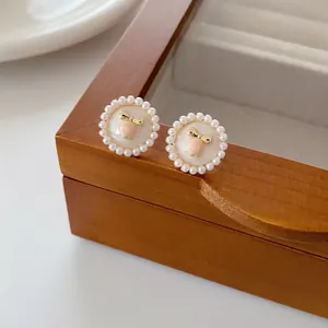Retro Round Artificial Pearl Stud Earrings With Golden Bow Pink Flower Enamel And 925 Sterling Silver Earring Post For Women Elegant