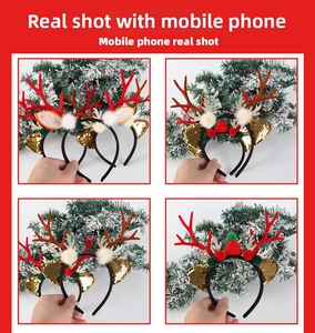 Detailed close-up of Christmas deer antler headband with sequins and plush ornaments