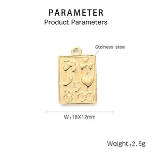 Detail view of 18x12mm golden stainless steel rectangle pendant with embossed lucky symbols