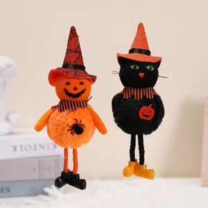 Decorazioni di Halloween in peluche con uomo zucca e gatto nero con cappelli da strega