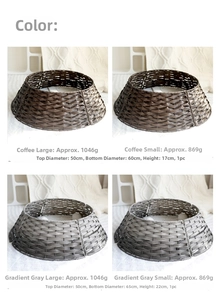 Detailed size comparison of handwoven Christmas tree collars in brown and grey wicker
