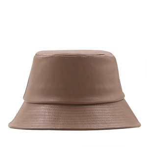 Fashionable brown faux leather bucket hat with detailed stitching for all seasons