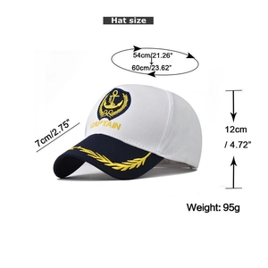 Detailed size chart showing navy captain hat dimensions, weight, and head circumference