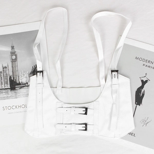 White faux leather corset vest belt with adjustable shoulder straps and silver buckles