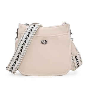 Schicke beige Umhängetasche für Damen mit geometrischem Gurt und silbernem Drehverschluss
