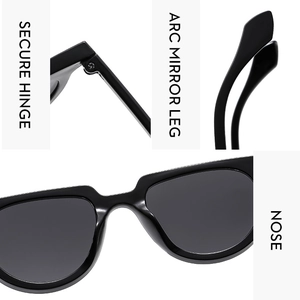 Detail view of reinforced hinges, curved temples and comfortable nose pads on black sunglasses