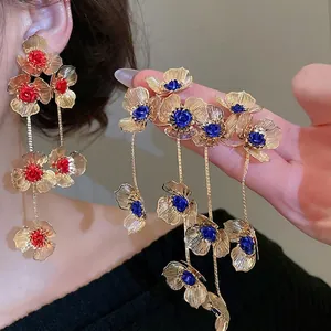 Vintage Elegant Hollow Flower Long Tassel Earrings With 925 Sterling Silver Earring Post Alloy Brushed Texture Floral Dangle