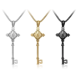 Vintage Key Pendant Necklace Stainless Steel Hip Hop Cross Flower Pattern Long Chain For Men Women