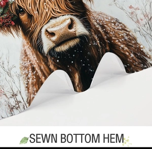 Detail of the high-quality sewn bottom hem on Highland Cow print Christmas shower curtain