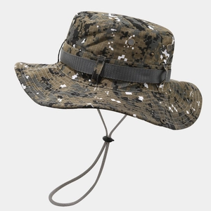 Detail of forest digital camo boonie hat featuring side metal vents and tactical strap
