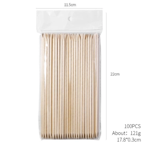 Pack of 100 double-sided orange wood nail sticks in 17.8cm with clear retail packaging
