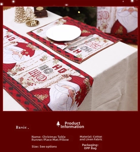 Linen Christmas table runner set with Santa Claus and HO HO HO pattern details