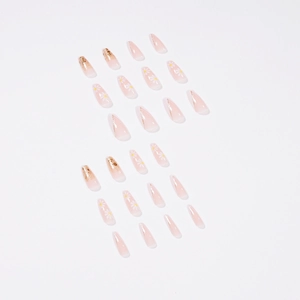 French style long almond press on nails with pink gradient and white daisy art