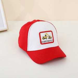Kids baseball cap with red and white color block design and excavator truck embroidery