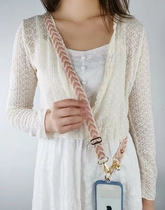 Adjustable crossbody phone strap with pink leaf embroidery and gold metal hardware