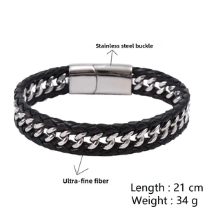 Mens Cuban chain leather woven bracelet with 21cm length and 34g weight details