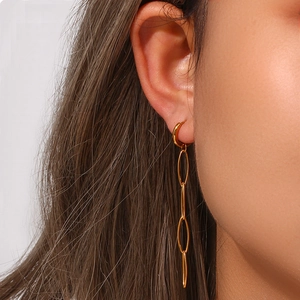 18K gold plated stainless steel long link chain drop earrings for women on model