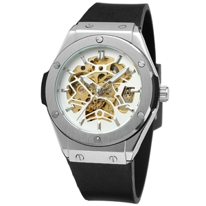 Detail view of the silver skeletal mechanical watch with gold gears and black silicone strap