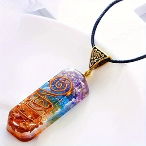 Rainbow Orgonite necklace with layered colorful crystal chips and copper energy spiral