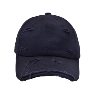 Detailed view of distressed black cotton twill baseball cap with vintage frayed edges