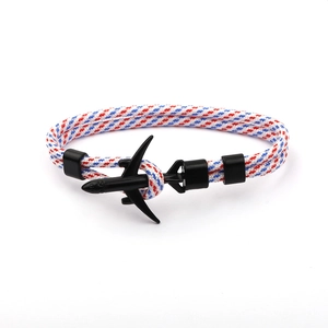 Fashionable men's red white blue paracord bracelet with black airplane charm
