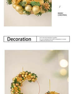 Detail of Christmas wreath with golden balls, pine needles and pine cones on round base