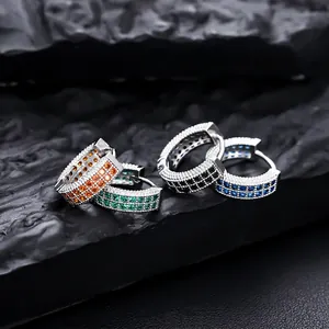 Boucles D'oreilles Créoles En Cuivre Pavé Complet Zircone Coloré Hip Hop Géométrique Huggie Pour Hommes Femmes Bijoux