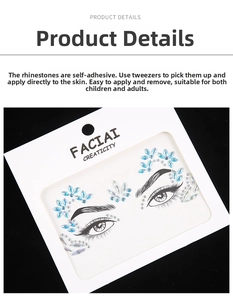 Detail showing self-adhesive blue and clear acrylic face gems for makeup masquerades