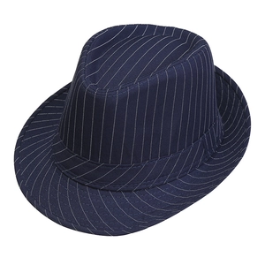 Retro British style navy blue striped fedora hat with classic indented crown and narrow brim