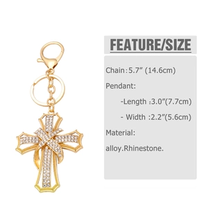 Detailed size specifications for the gold rhinestone cross keychain with alloy materials