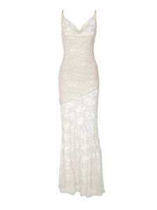 Elegant white lace slip dress with cowl neck and asymmetric hem on white background